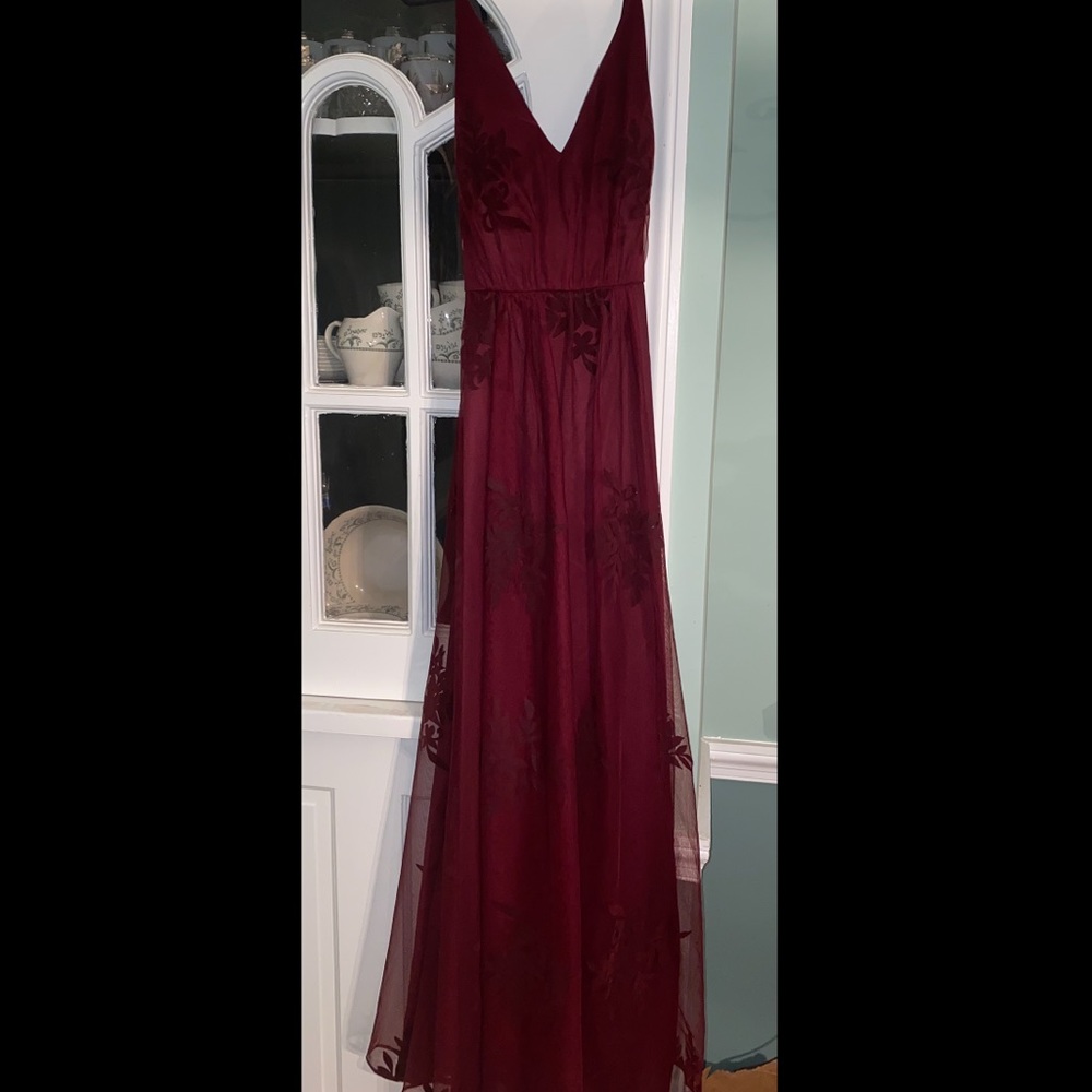 David’s bridal dress long, size 12 worn once burgundy with lace flowers